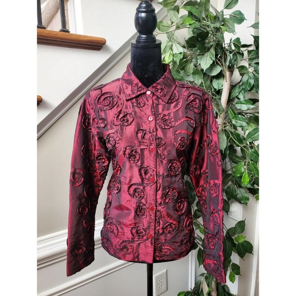 Scott Taylor Women Burgundy Polyester Collared Long Sleeve Buttons Down Shirt M - Picture 11 of 12